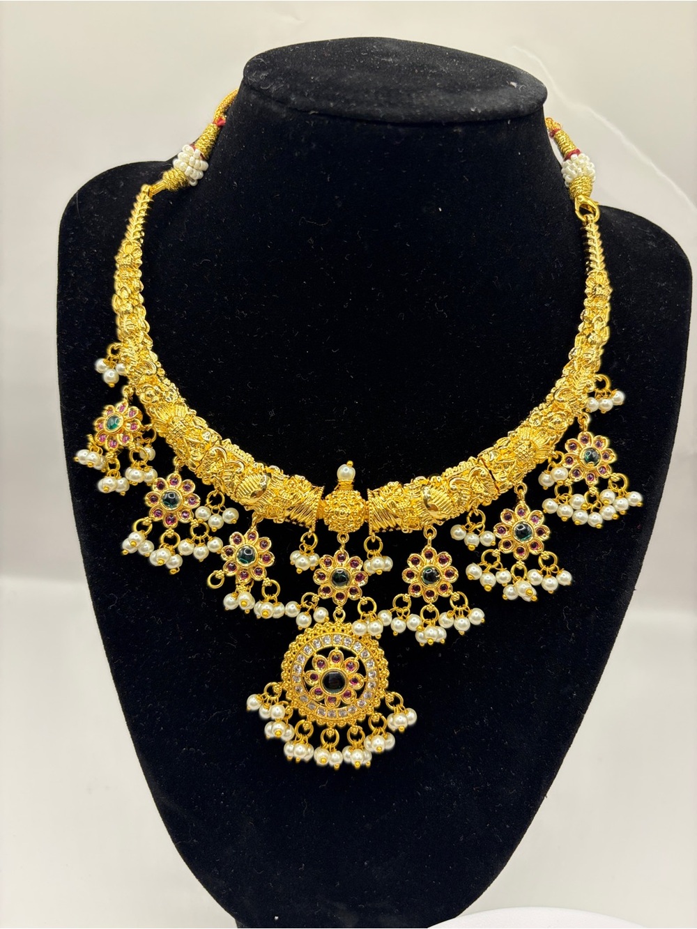 Traditional Gold-Tone Floral Pendant Haslie Style Necklace with Pearl Drops